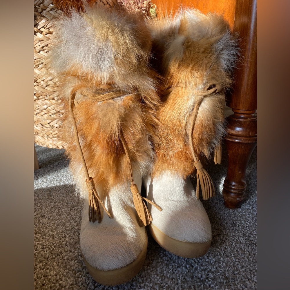 Wool- Lined Fox Fur & Calfskin Boots Size 40 US 9